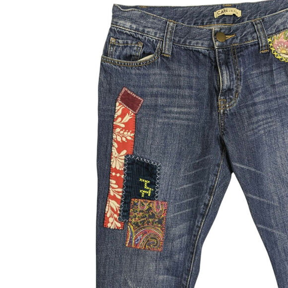 CAbi Floral Patchwork Medium Demin Distressed Boho Straight Leg Y2K Inspo Size 4 - Picture 4 of 11